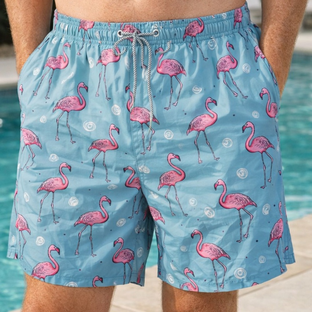 Men’s Flamingo Swim Trunks 3XL Blue Tropical Print Elastic Waist Board Shorts